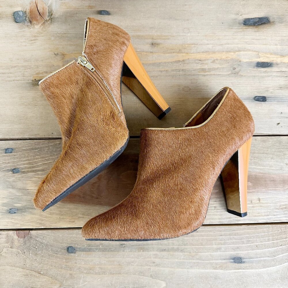 Iman Cow Hair Booties Heels Orange Gloss 8.5 Cowhair Western Chestnut High